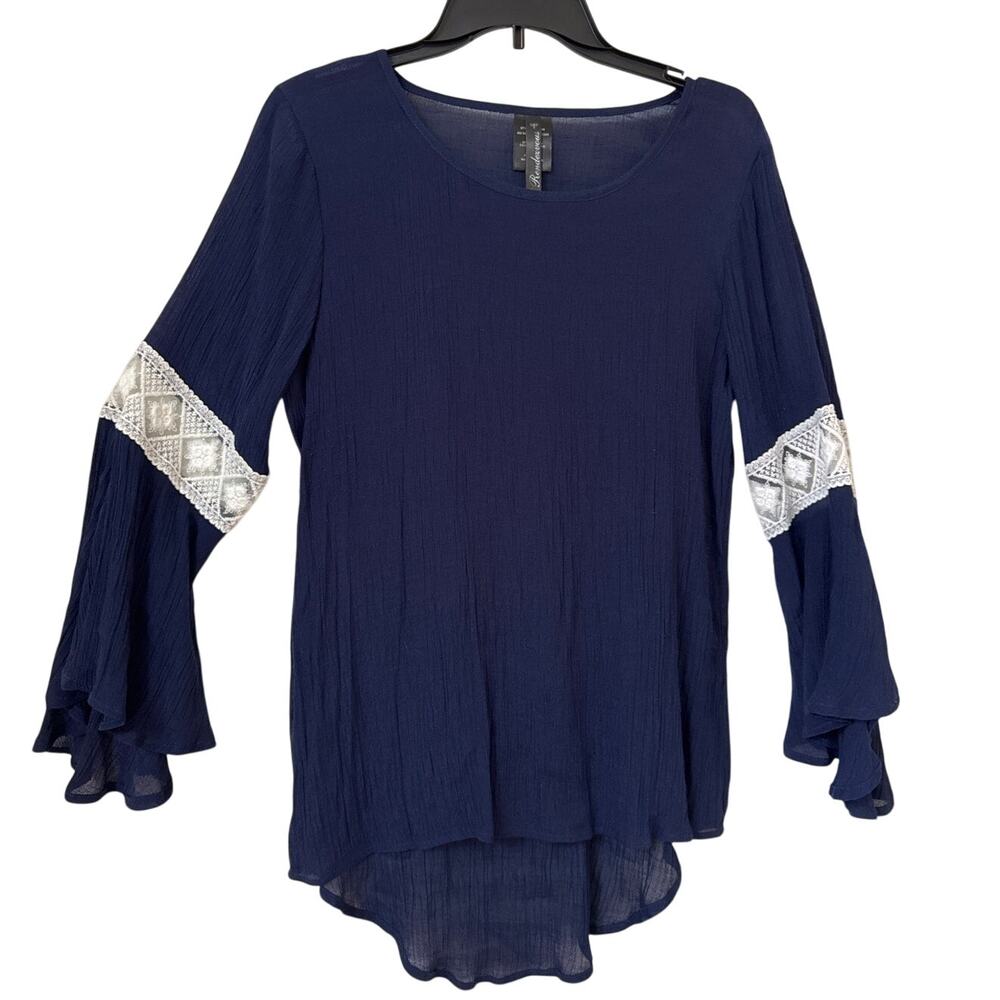 Rendezvous Large, Crêpe, Navy Blue Blouse, Bell Sleeves with White Lace Insert